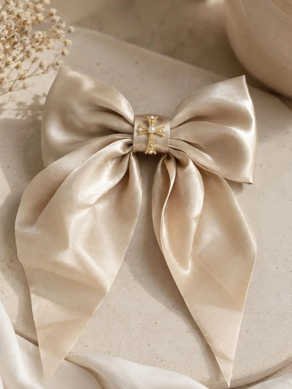 Pearl-Embellished Champagne gold Satin Bow Hair Clip
